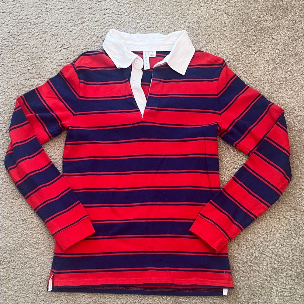 Janie and Jack Red & Navy Striped Long-Sleeve Polo size 12